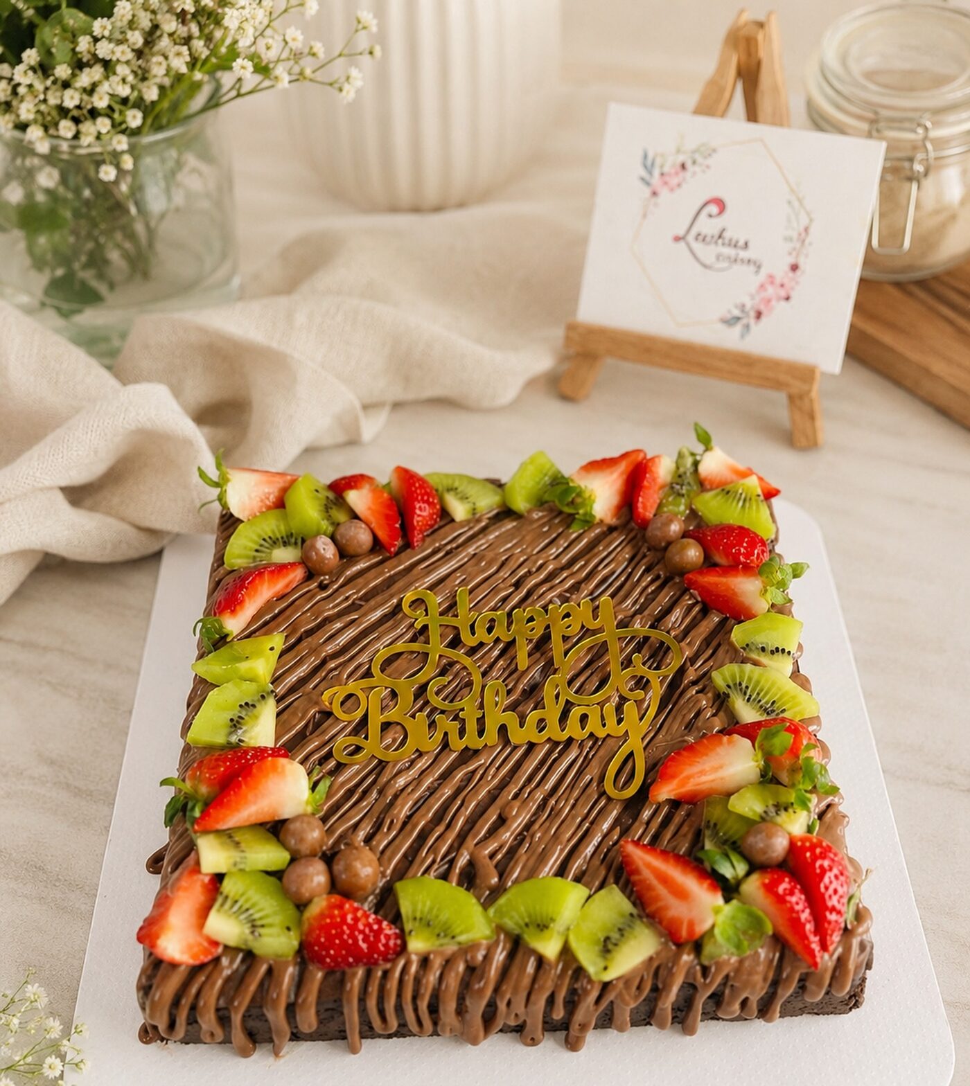 Chocolate brownie cake topped with fresh strawberries and kiwi