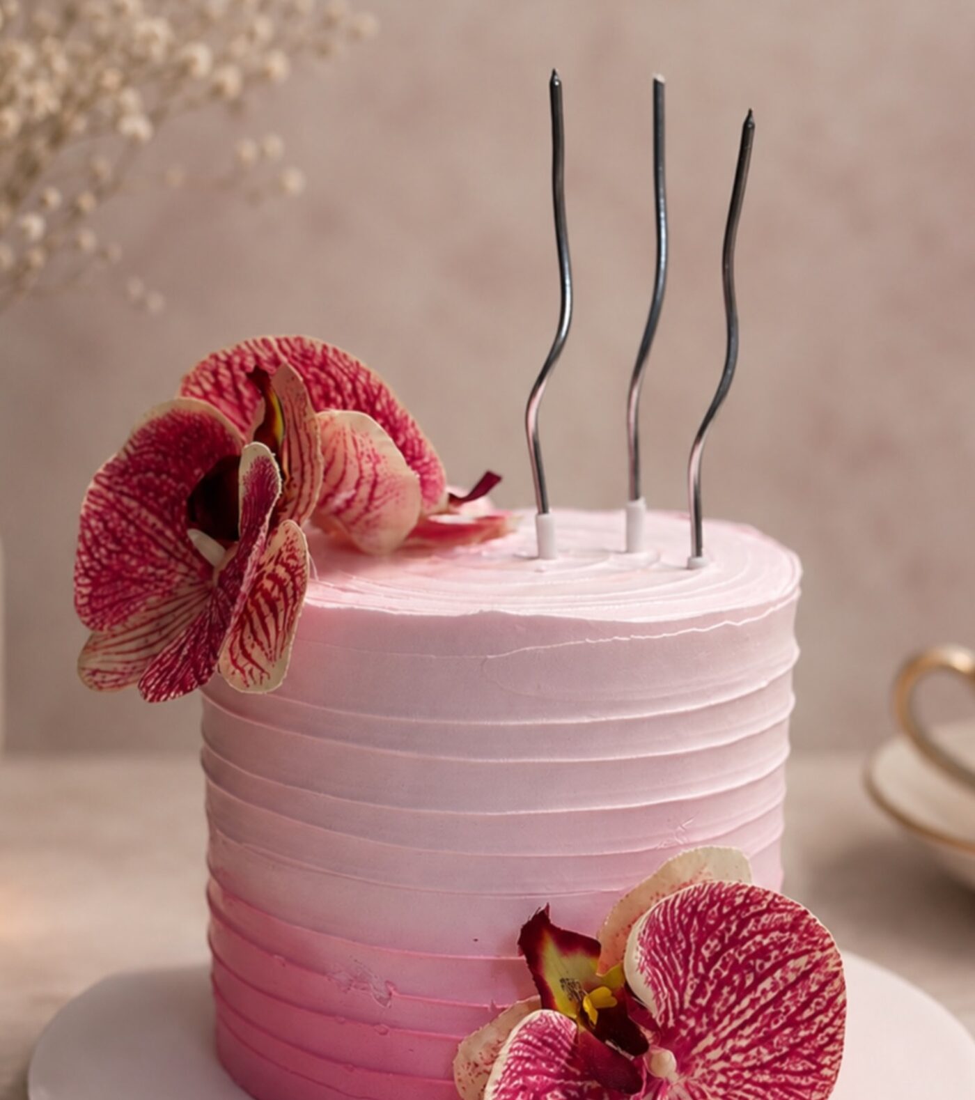Pink ombre celebration cake with orchid and candles